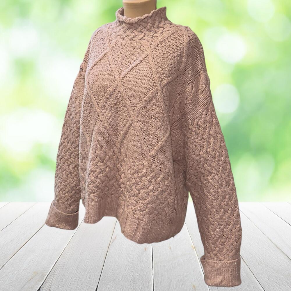 Vintage EXPRESS TRICOT Hand Knit Sweater Angora Wool Mock Neck Blush Chunky Sz L